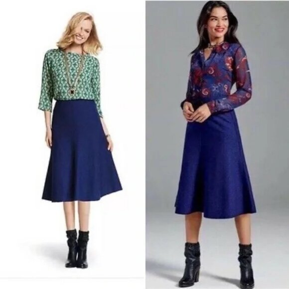 Nwt CAbi #3097 Navy Blue Textured Tulip A-Line Flare Midi Skirt Size 4 - Picture 1 of 13